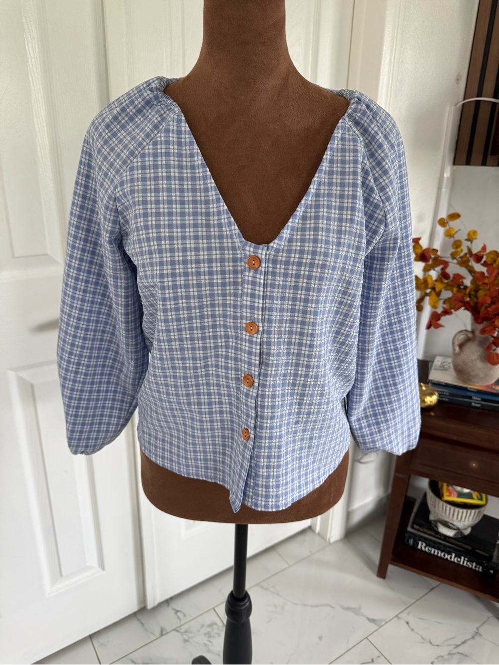Club Monaco Light Blue Plaid Button-Down Blouse